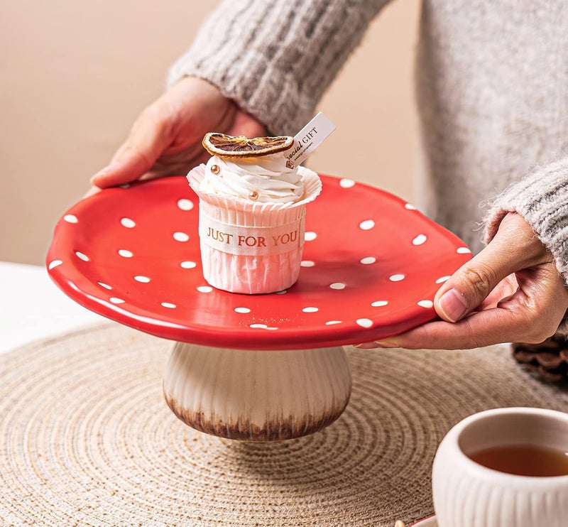 RESVUGA Mushroom Cake Stand, 9 in Polka Dot Safety Ceramic Display Plate Serving Tray, Cute Dinner Plates, Pasta & More. - Image 4