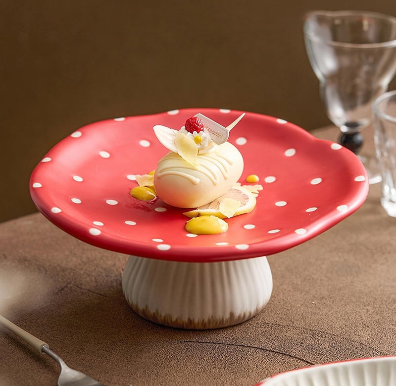RESVUGA Mushroom Cake Stand, 9 in Polka Dot Safety Ceramic Display Plate Serving Tray, Cute Dinner Plates, Pasta & More. - Image 2