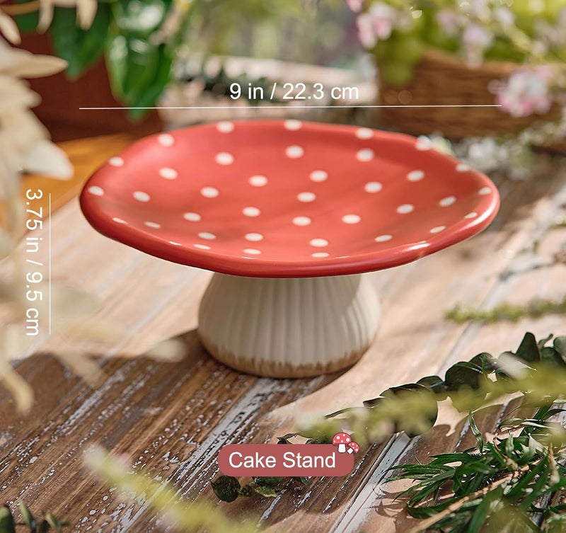 RESVUGA Mushroom Cake Stand, 9 in Polka Dot Safety Ceramic Display Plate Serving Tray, Cute Dinner Plates, Pasta & More. - Image 3