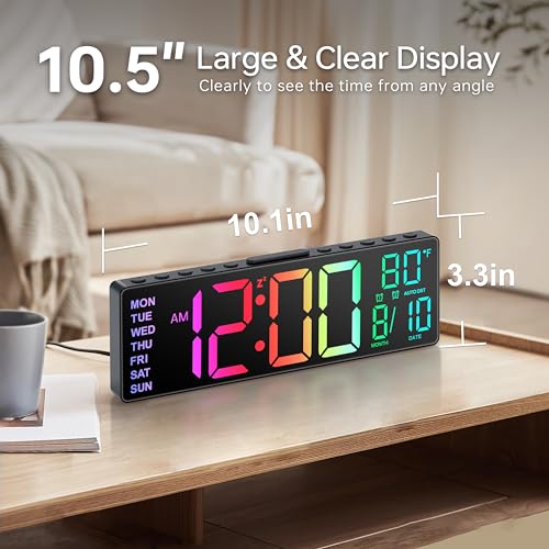 Jall ساعة جال الرقمية الكبيرة 10.5 بوصة مع 8 ألوان RGB، التاريخ، الشهر، درجة الحرارة LED، التوقيت الصيفي التلقائي، حديثة للمكتب، الجدار، غرفة المعيشة، غرفة النوم، هدية عيد الميلاد (أسود، 10.5 بوصة) - Image 2