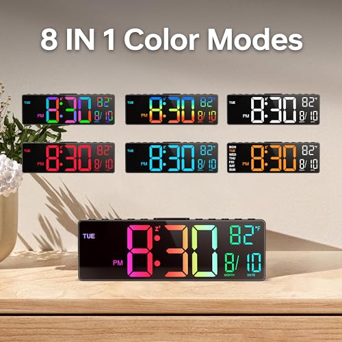 Jall ساعة جال الرقمية الكبيرة 10.5 بوصة مع 8 ألوان RGB، التاريخ، الشهر، درجة الحرارة LED، التوقيت الصيفي التلقائي، حديثة للمكتب، الجدار، غرفة المعيشة، غرفة النوم، هدية عيد الميلاد (أسود، 10.5 بوصة) - Image 3