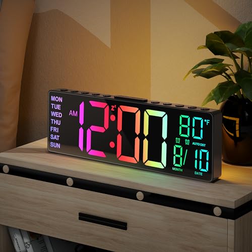Jall ساعة جال الرقمية الكبيرة 10.5 بوصة مع 8 ألوان RGB، التاريخ، الشهر، درجة الحرارة LED، التوقيت الصيفي التلقائي، حديثة للمكتب، الجدار، غرفة المعيشة، غرفة النوم، هدية عيد الميلاد (أسود، 10.5 بوصة) - Image 1