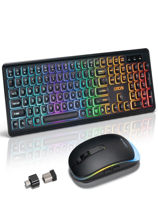 CHONCHOW Wireless Keyboard and Mouse Combo, Rechargeable Rainbow LED Light Up Keyboard and Mouse 2.4GHz Quiet Mouse and Keyboard for Mac, Windows, Laptop, PC Xbox PS4 PS5 (Office/Gaming) (Wireless) - Image 1