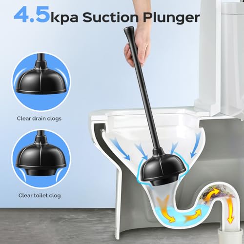HAMITOR Toilet Plunger and Brush Set: 2 in 1 Stainless Steel Combo with Curved Bristles - Heavy Duty Toilet Unclogging for Family Bathroom - Compact Hideaway Apartment Cleaning Accessories - Black - Image 5