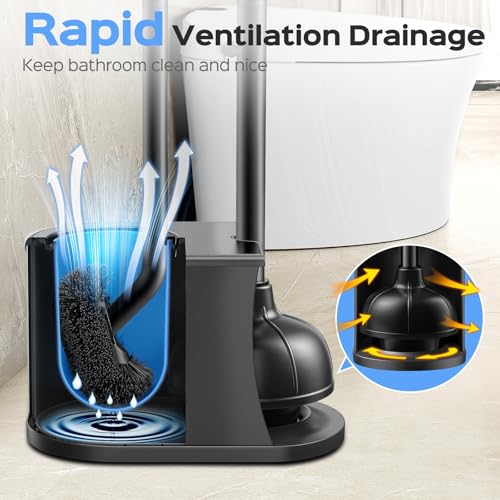 HAMITOR Toilet Plunger and Brush Set: 2 in 1 Stainless Steel Combo with Curved Bristles - Heavy Duty Toilet Unclogging for Family Bathroom - Compact Hideaway Apartment Cleaning Accessories - Black - Image 4