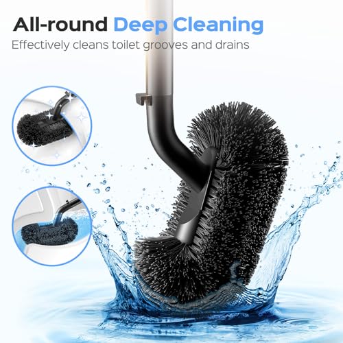 HAMITOR Toilet Plunger and Brush Set: 2 in 1 Stainless Steel Combo with Curved Bristles - Heavy Duty Toilet Unclogging for Family Bathroom - Compact Hideaway Apartment Cleaning Accessories - Black - Image 2