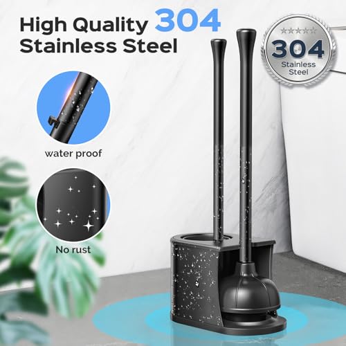 HAMITOR Toilet Plunger and Brush Set: 2 in 1 Stainless Steel Combo with Curved Bristles - Heavy Duty Toilet Unclogging for Family Bathroom - Compact Hideaway Apartment Cleaning Accessories - Black - Image 3
