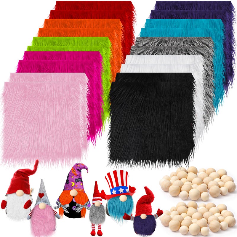 Tudomro 20 Pcs Faux Fur Fabric 10 x 10 with 40 Pcs Wood Balls Shaggy Faux Fur Square Patches Gnome Beards for Crafting Sewing Costume Rug Pillow Cushion Pad Chair CoverBright Color - Image 2