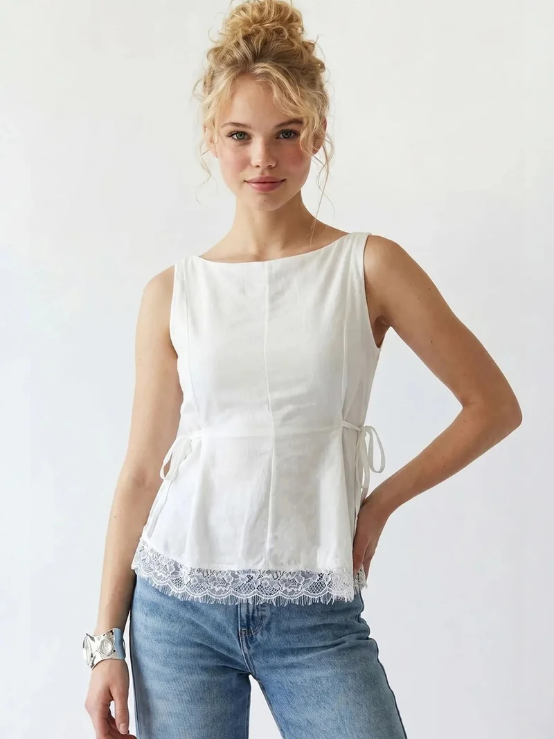 ميكسراي MIXRAY Sleeveless Poplin Blouse With Tie Closure