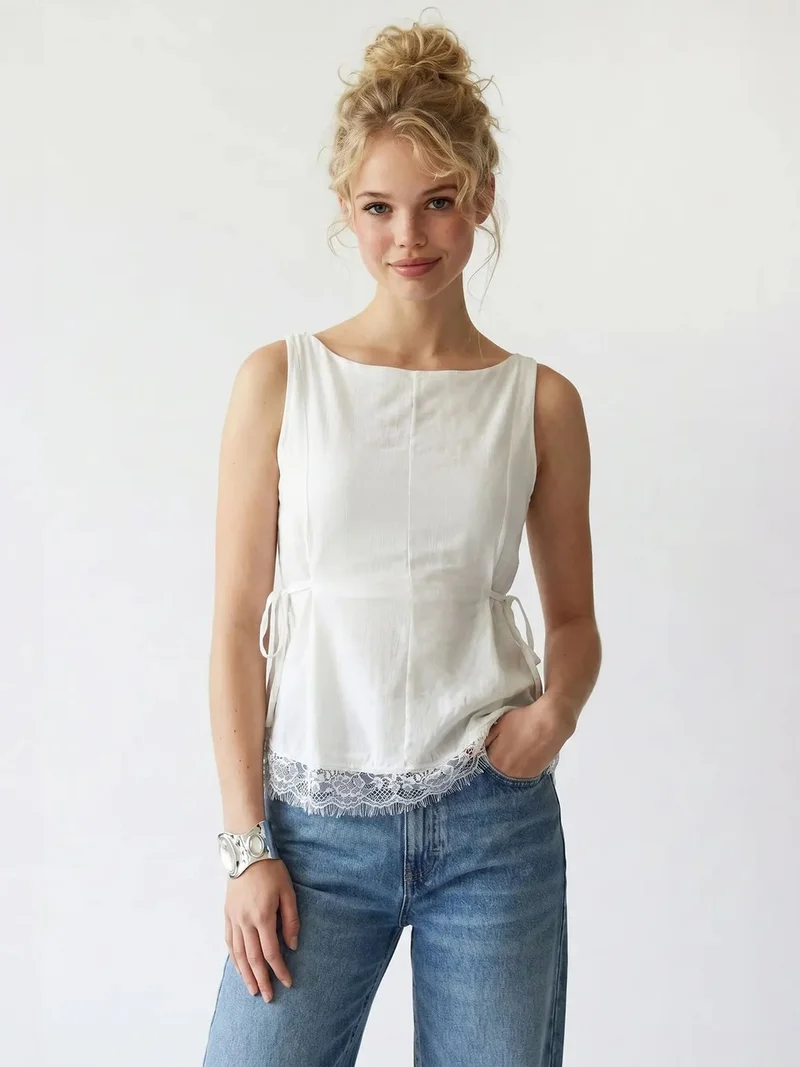 ميكسراي MIXRAY Sleeveless Poplin Blouse With Tie Closure