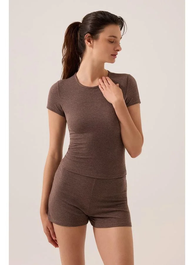 Los Ojos x Ece Brown Modal Fabric Short Sleeve Shorts Pajama Set Ribbed PJ4.