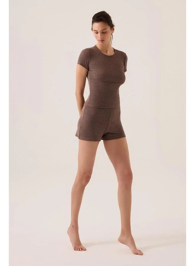 Los Ojos x Ece Brown Modal Fabric Short Sleeve Shorts Pajama Set Ribbed PJ4.