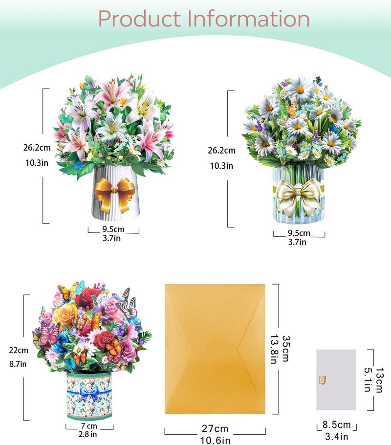 Magic Ants 3D Pop Up Flower Bouquet Cards with 3 Envelopes & Blank Notecards, Featuring Multicolor Roses & Butterflies, White Daisies & Lavender, Pink & White Lilies for Birthday, Mother's Day, Get Well, - Image 3