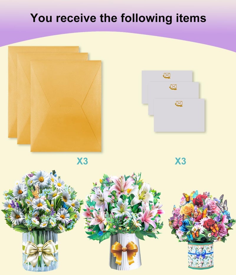 Magic Ants 3D Pop Up Flower Bouquet Cards with 3 Envelopes & Blank Notecards, Featuring Multicolor Roses & Butterflies, White Daisies & Lavender, Pink & White Lilies for Birthday, Mother's Day, Get Well, - Image 2