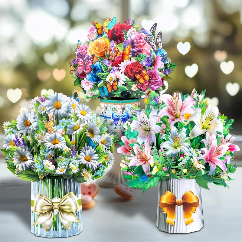 Magic Ants 3D Pop Up Flower Bouquet Cards with 3 Envelopes & Blank Notecards, Featuring Multicolor Roses & Butterflies, White Daisies & Lavender, Pink & White Lilies for Birthday, Mother's Day, Get Well, - Image 1