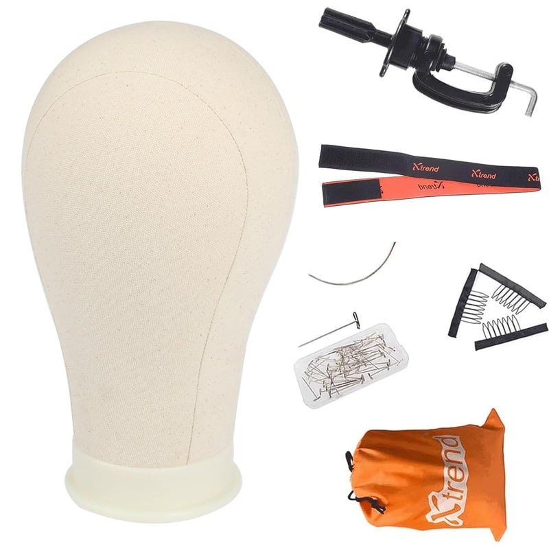XTREND 2124 Poly Canvas Block Head for Making Head WeftWigHair Extension Making Display Styling Mannequin Head with Stand Set Manikin Canvas Head Hair Accessories