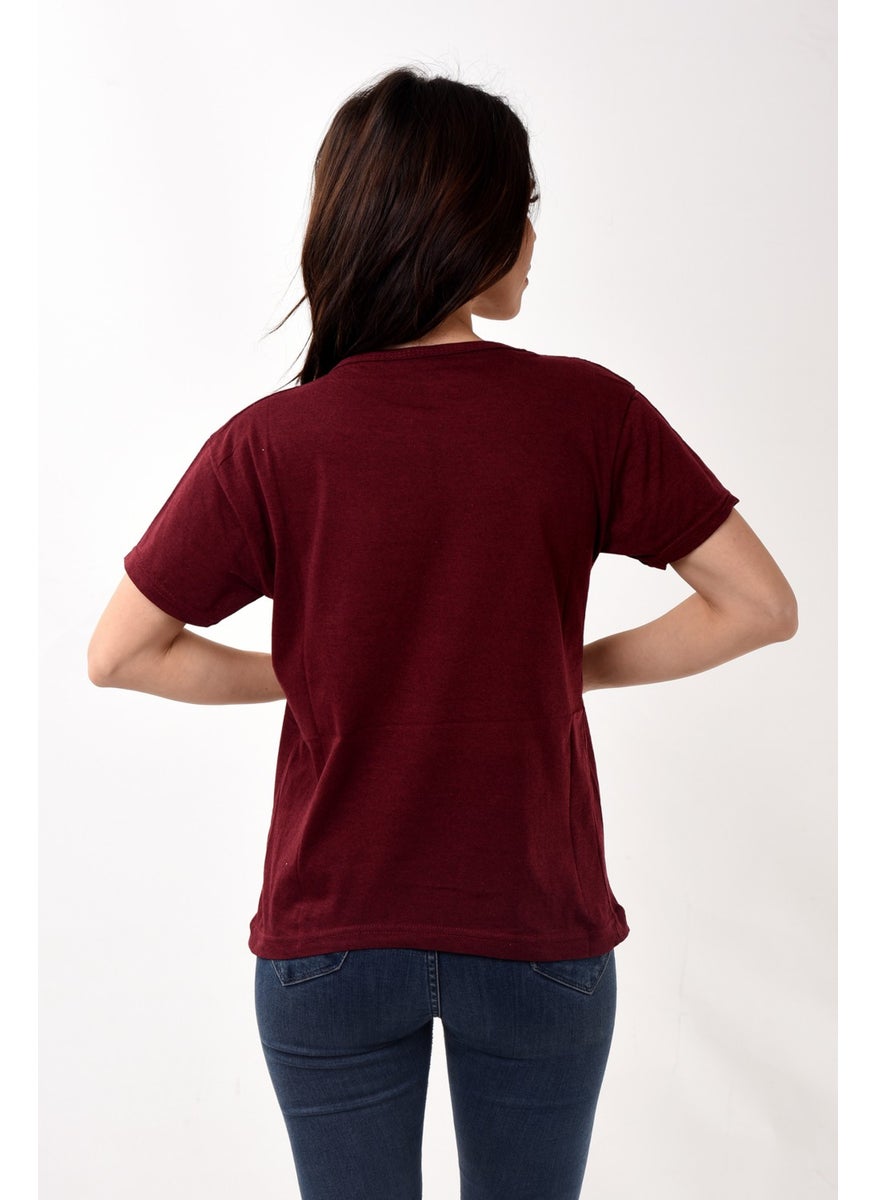 Belifanti Collection - تي شيرت نسائي أساسي بقصة دائرية وأكمام قصيرة لون قرمزي - Image 1