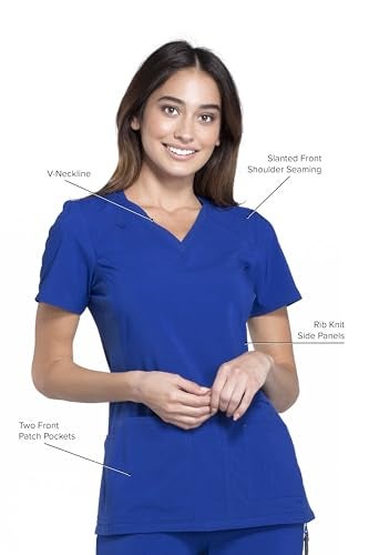 Cherokee Women's Medical Scrub Top Iflex V-Neck Knit Panel Top CK605, S, Galaxy Blue - Image 2