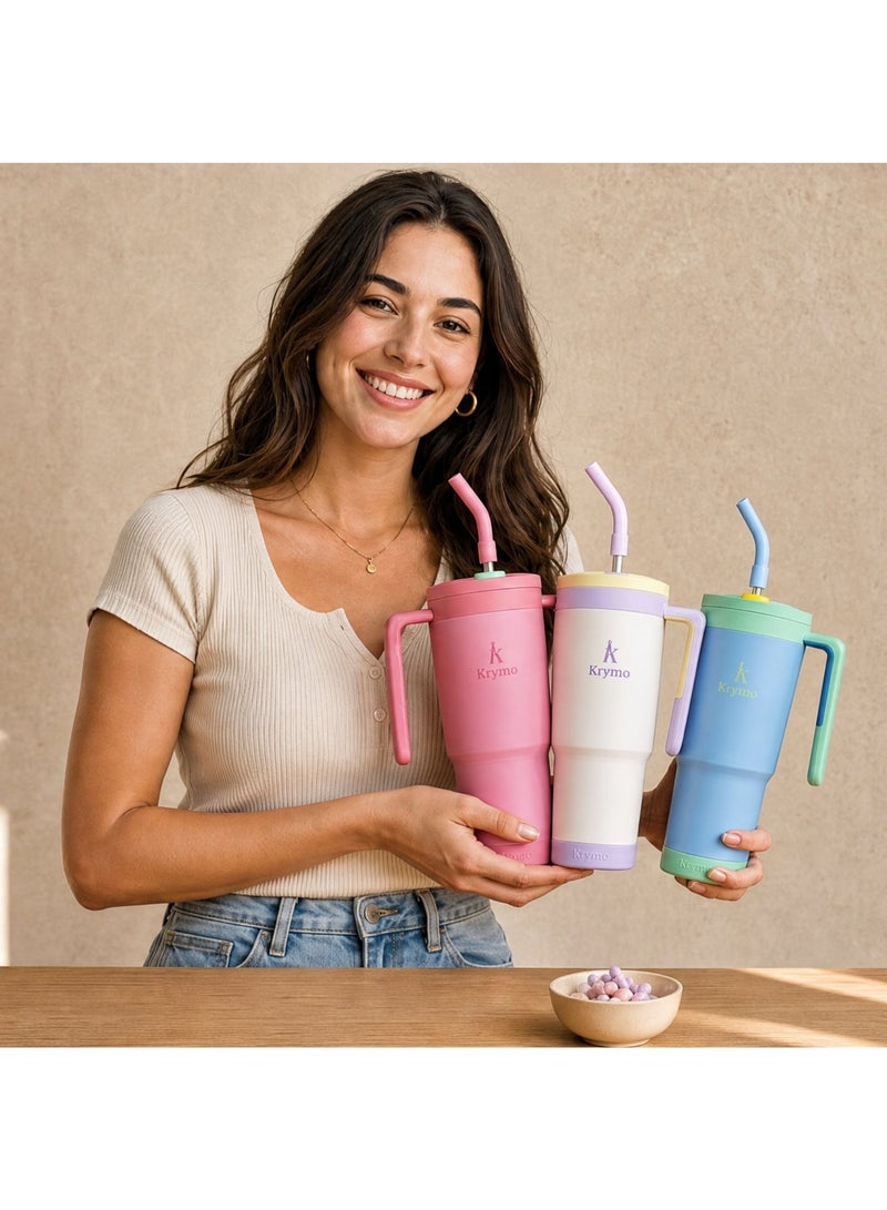 KRYMSO 1200ml Stainless Steel Tumbler with Handle, Straw Lid, Silicon Base, Vacuum Insulated, Leak-Proof, Reusable Travel Mug for Coffee, Smoothie, Water, Iced Drinks - Image 5