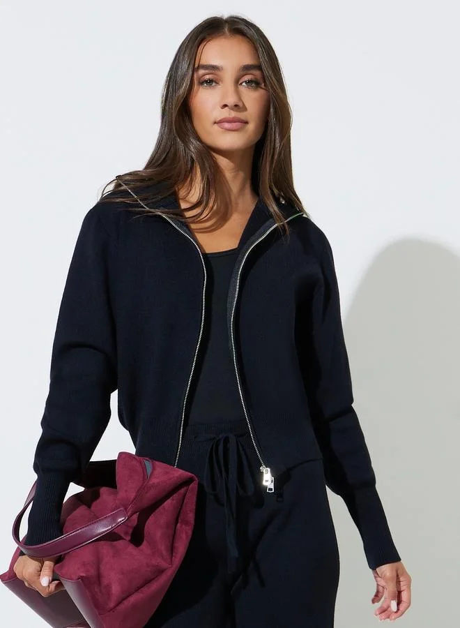 Styli  Black Knit Zip-Up Sweater and Pants Co-Ord Set for Women | Best Price UAE