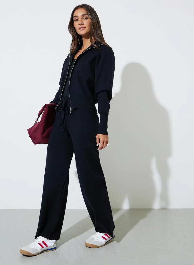 Styli  Black Knit Zip-Up Sweater and Pants Co-Ord Set for Women | Best Price UAE