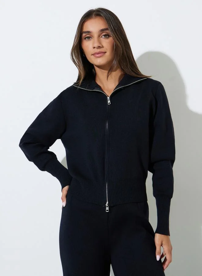 ستايلي Black Knit Zip-Up Sweater and Pants Co-Ord Set