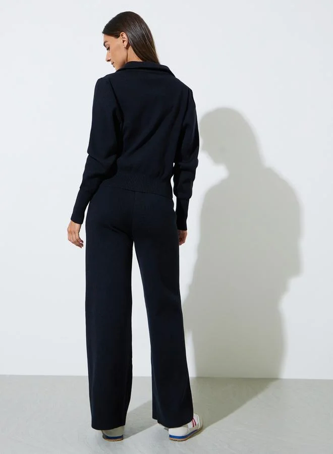Styli  Black Knit Zip-Up Sweater and Pants Co-Ord Set for Women | Best Price UAE