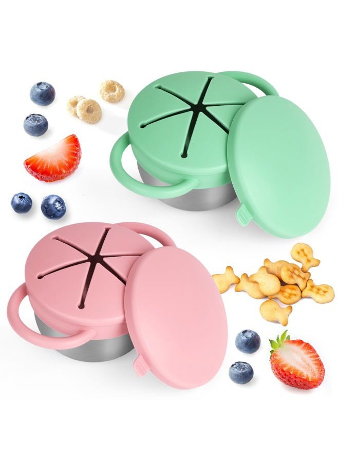Daximo 2 Pack Snack Cups for Toddlers Spill Proof - Detachable Stainless Steel Toddler Snack Cups with Silicone Lids & Handles - Dishwasher Safe Baby Snack Containers for Mess-Free Snacking (Green and Pink) - Image 1