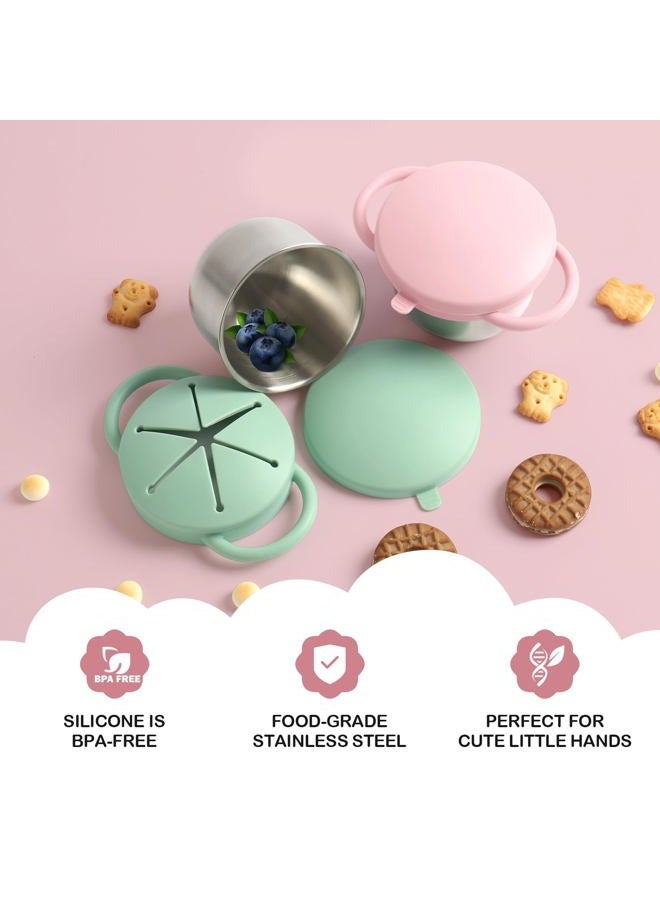 Daximo 2 Pack Snack Cups for Toddlers Spill Proof - Detachable Stainless Steel Toddler Snack Cups with Silicone Lids & Handles - Dishwasher Safe Baby Snack Containers for Mess-Free Snacking (Green and Pink) - Image 4