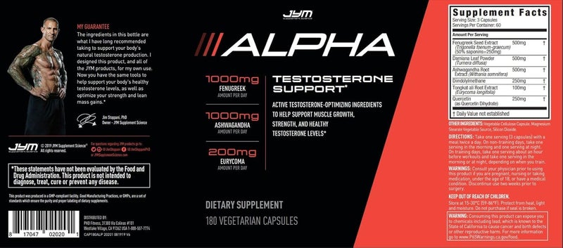 JYM Supplement Science ألفا جيم دعم التستوستيرون حيوية الذكور تحسين الهرمونات أشواغاندا حلبة يوريكوميا دامينا كيرسيتين DIM  علم المكملات جيم 180 كبسولة نباتية - Image 4