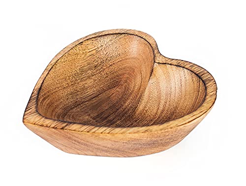 WitnyStore Heart Shaped Wood Bowl 6" Brown Handcrafted Wooden Bowls Collectible Functional Serving Tray Dish Plate Hand Made Decorative Tableware for Candy Nuts Dessert Fruit Home Décor Accents Gifts - Image 1