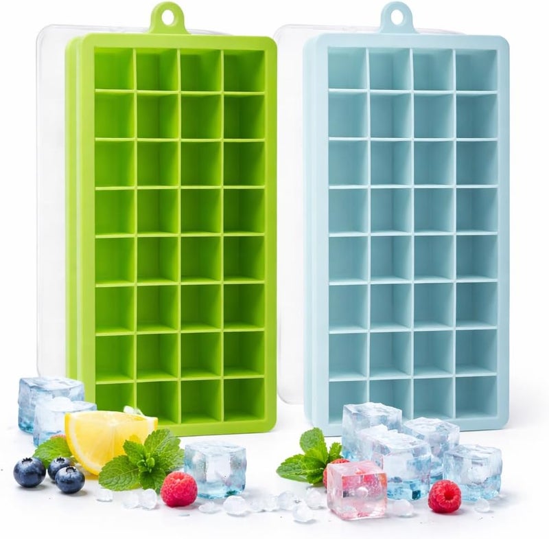 UREVO 2-Pack Food Grade Silicone Ice Cube Trays with Lids - Easy-to-Remove 24 Cube Molds (Blue and Green) - Image 1