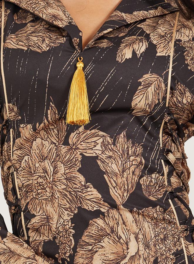 Styli Styli Floral Jacquard Flat Collared Jalabiya with Tassel Detail  - Image 4