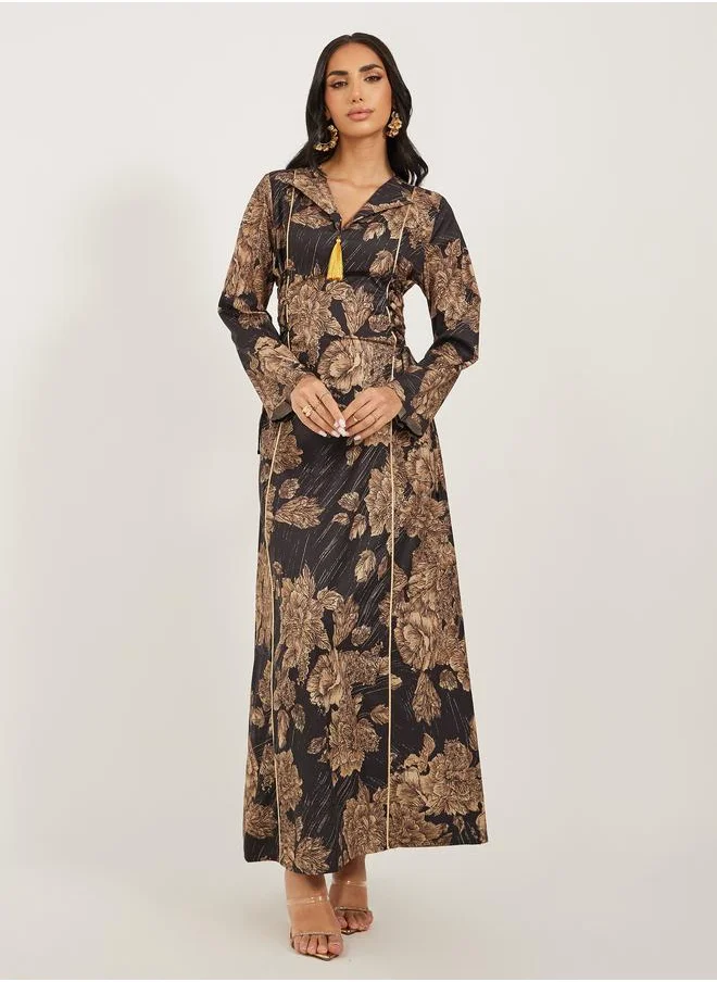 ستايلي Styli Floral Jacquard Flat Collared Jalabiya with Tassel Detail