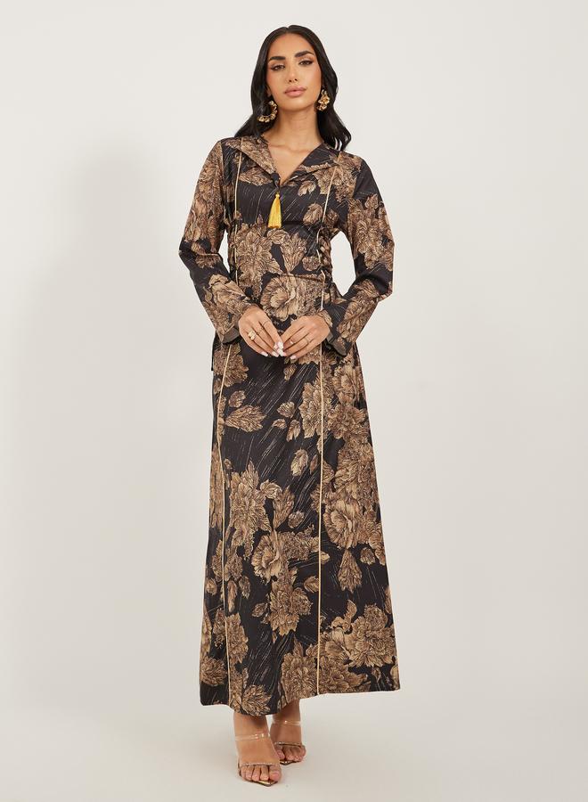 Styli Styli Floral Jacquard Flat Collared Jalabiya with Tassel Detail  - Image 2