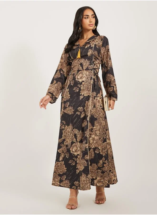 ستايلي Styli Floral Jacquard Flat Collared Jalabiya with Tassel Detail