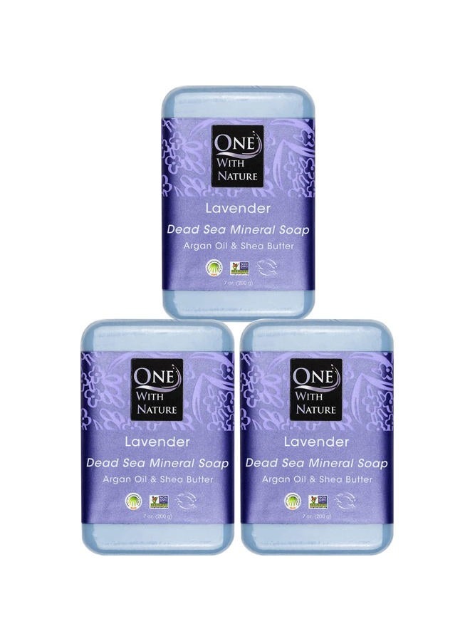 ONE WITH NATURE DEAD SEA Salt Lavender SOAP 3 PK, Dead Sea Salt Includes Sulfur, Magnesium, etc. Shea Butter, Argan Oil. All Skin Types, Problem Skin. Acne, Eczema, Psoriasis, Natural, Therapeutic, Natural Lavender - Image 1