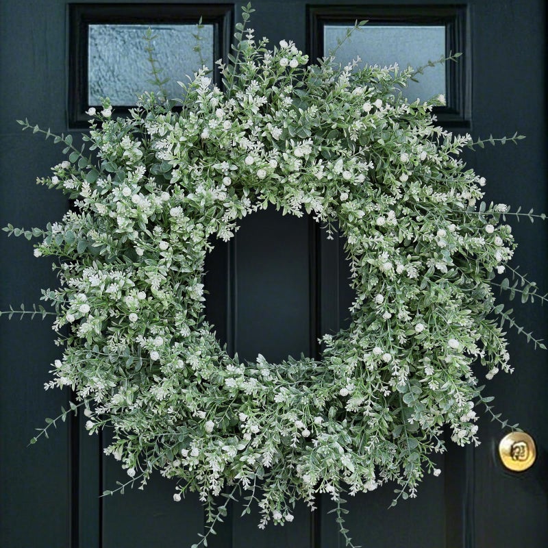 FOTEEWL 26'' Large Eucalyptus Wreath for Front Door, Porch- Artificial Eucalyptus and Lavender with Babys Breath Flowers Wreath for Home, Farmhouse Wall Decor- Spring, Summer, Fall, All Seasons (White-Green) - Image 1