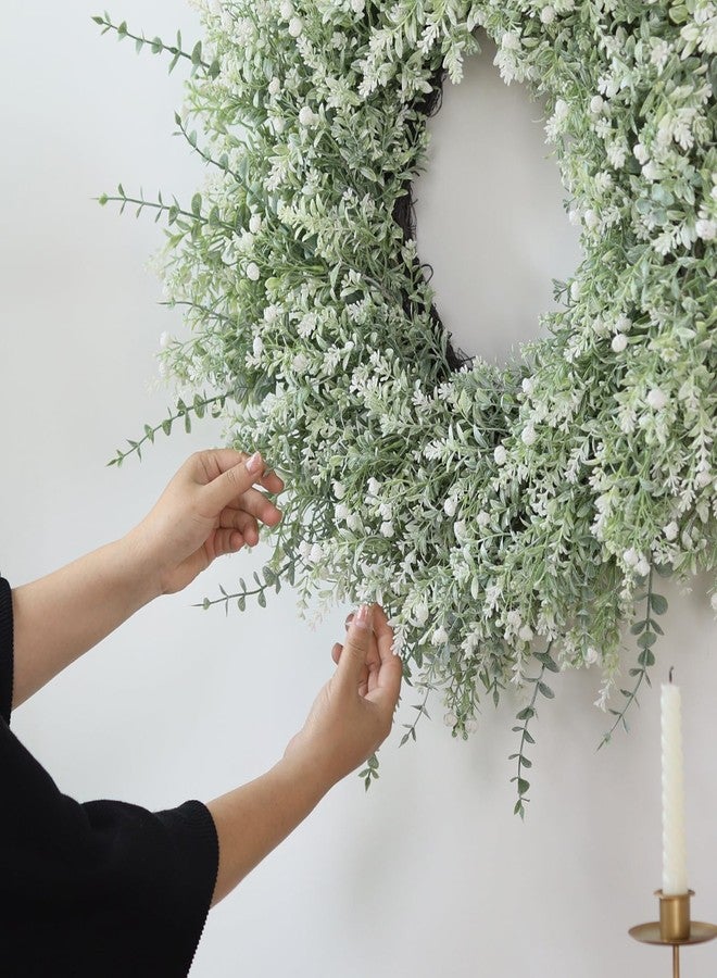 FOTEEWL 26'' Large Eucalyptus Wreath for Front Door, Porch- Artificial Eucalyptus and Lavender with Babys Breath Flowers Wreath for Home, Farmhouse Wall Decor- Spring, Summer, Fall, All Seasons (White-Green) - Image 4