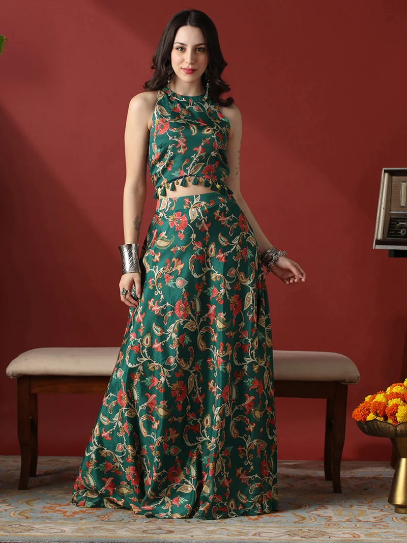 Globus Women Green Halter Neck Floral Print Tassel Coin Detail Crop Top With Flared Maxi Skirt Festive Co-Ord Set
