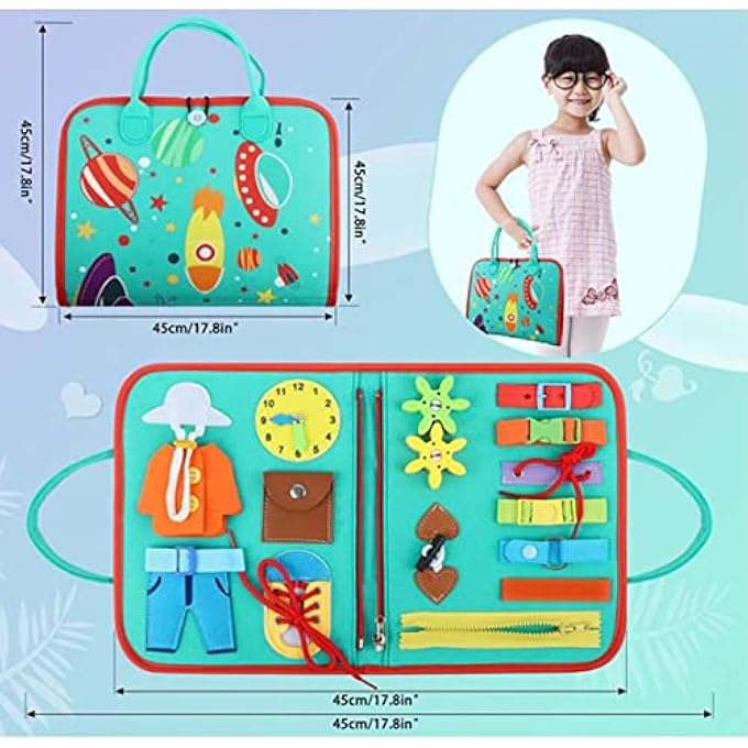 BUSY BOARD FOR TODDLERS - MONTESSORI SENSORY TOY, PRESCHOOL ACTIVITIES EDUCATIONAL TRAVEL TOY, PORTABLE GIFTS FOR KIDS LEARNING BASIC DRESS SKILLS (PLANET) - Image 5