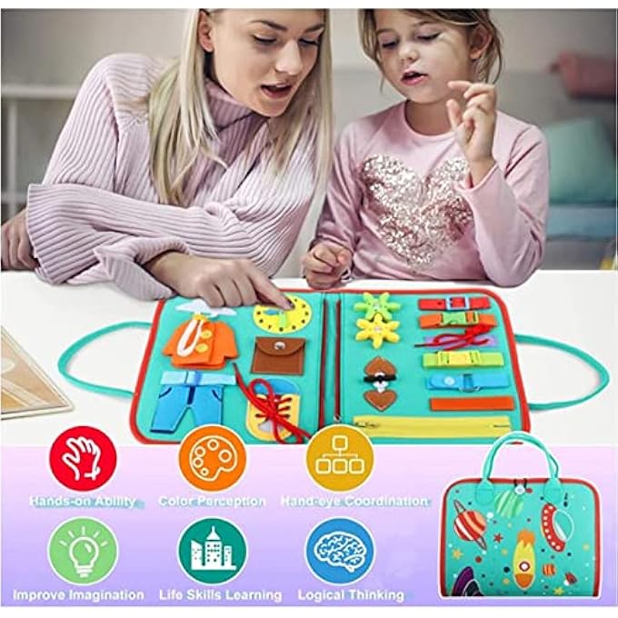 BUSY BOARD FOR TODDLERS - MONTESSORI SENSORY TOY, PRESCHOOL ACTIVITIES EDUCATIONAL TRAVEL TOY, PORTABLE GIFTS FOR KIDS LEARNING BASIC DRESS SKILLS (PLANET) - Image 4