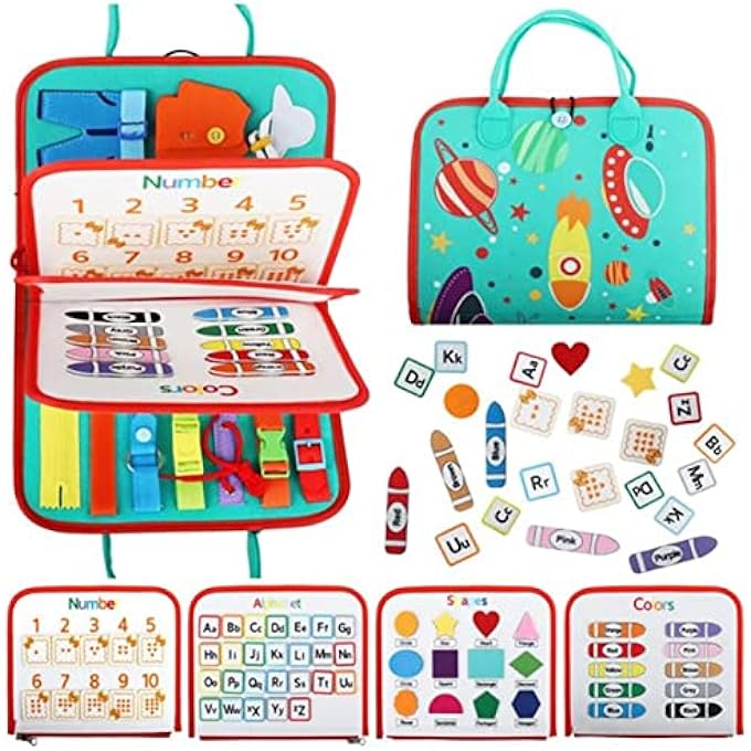 BUSY BOARD FOR TODDLERS - MONTESSORI SENSORY TOY, PRESCHOOL ACTIVITIES EDUCATIONAL TRAVEL TOY, PORTABLE GIFTS FOR KIDS LEARNING BASIC DRESS SKILLS (PLANET) - Image 1
