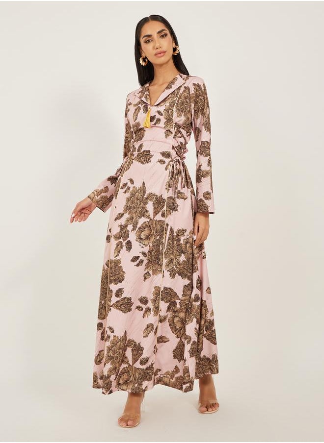 Styli Floral Jacquard Flat Collared Jalabiya with Tassel Detail  - Image 2