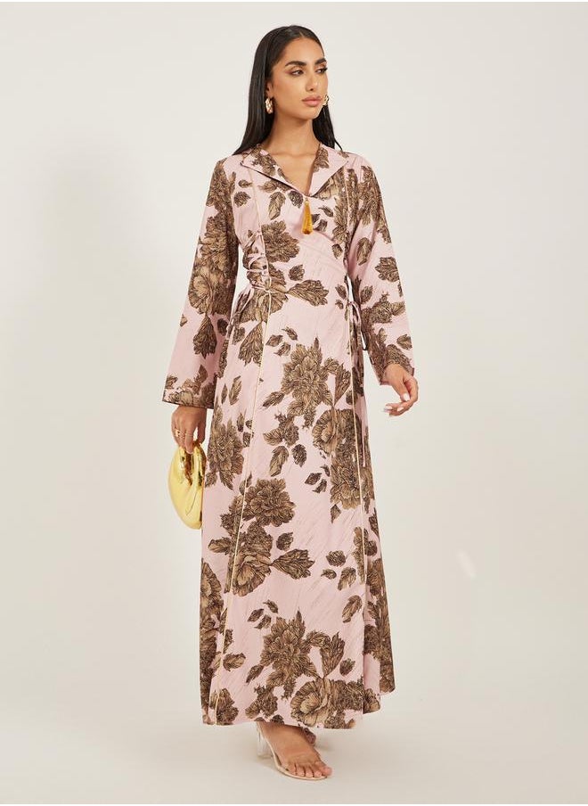 Styli Floral Jacquard Flat Collared Jalabiya with Tassel Detail  - Image 1
