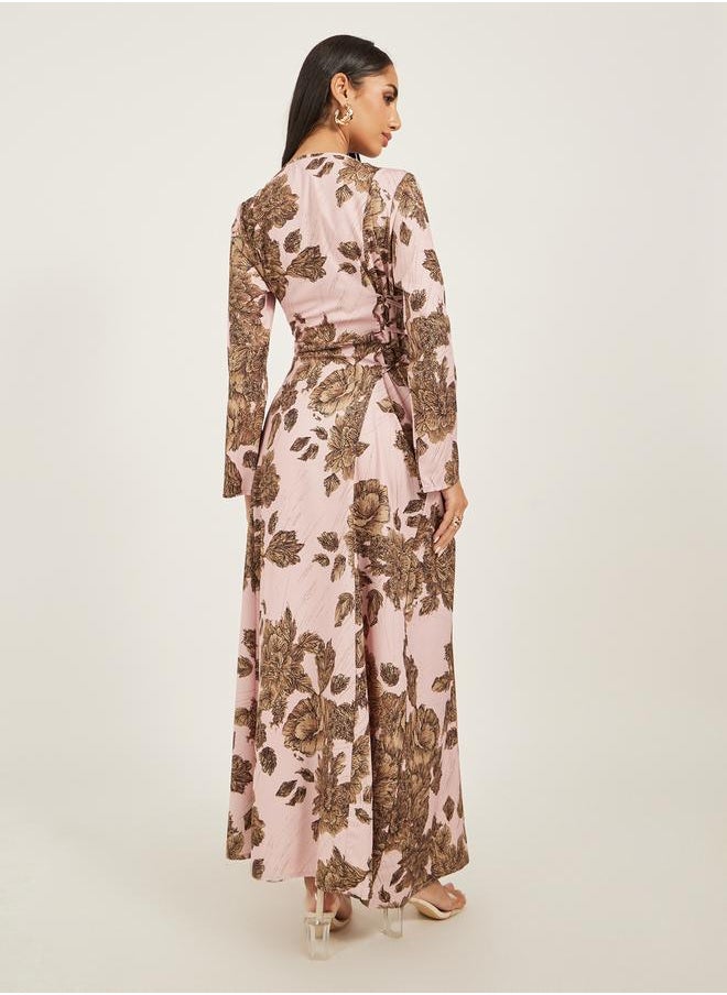 Styli Floral Jacquard Flat Collared Jalabiya with Tassel Detail  - Image 5
