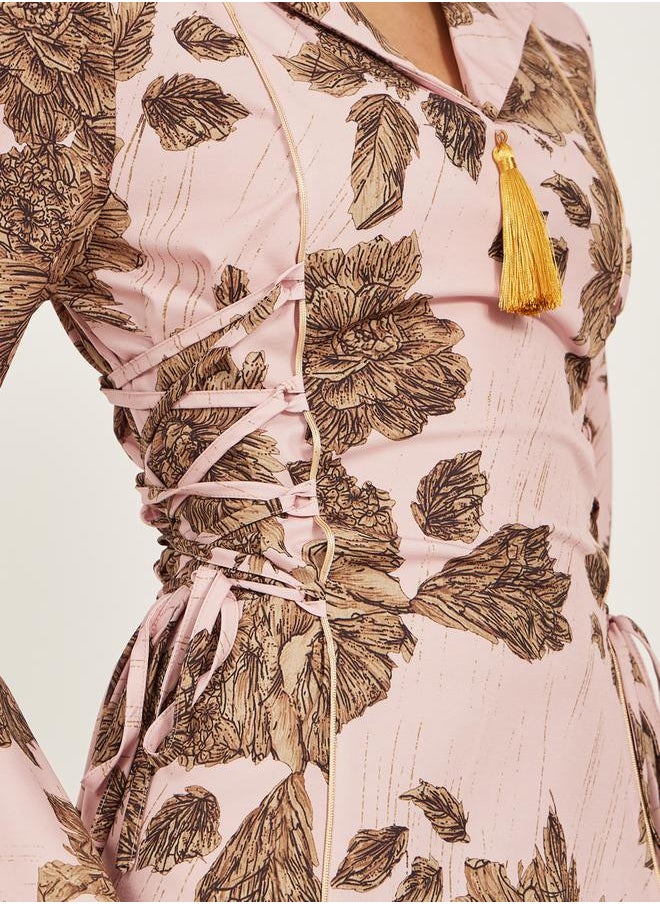 Styli Floral Jacquard Flat Collared Jalabiya with Tassel Detail  - Image 4