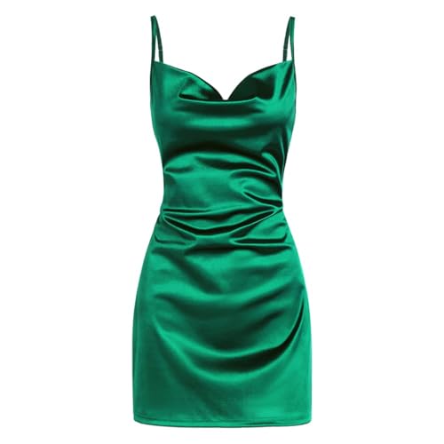 ZAFUL Women's Satin Sleeveless Spaghetti Strap Mini Dress Sexy Slip Cowl Neck Silky Cocktail Party Dresses(Green, S) - Image 1