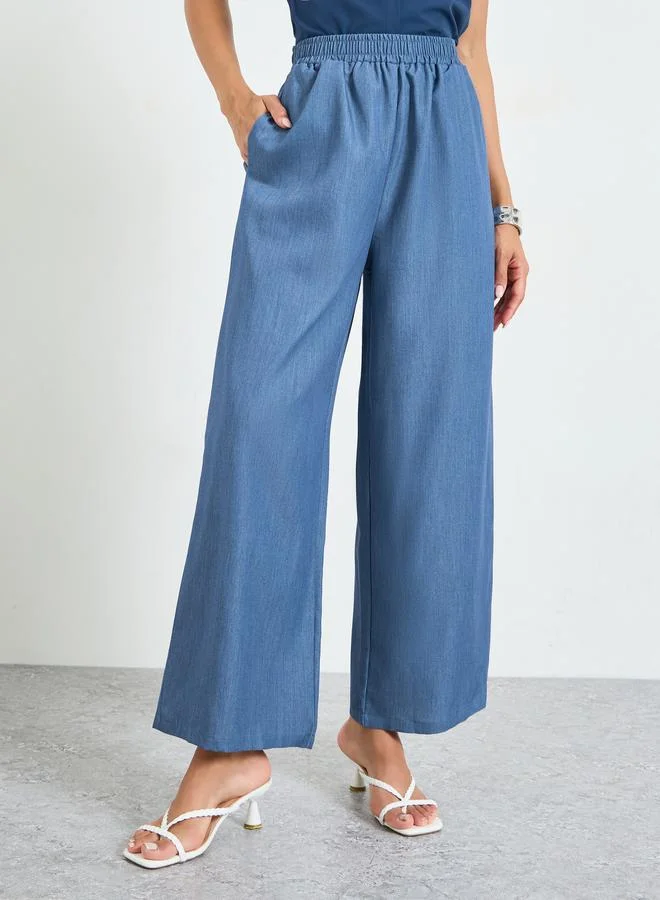 Take Two Blue Wide-Leg Elastic Waist Trousers