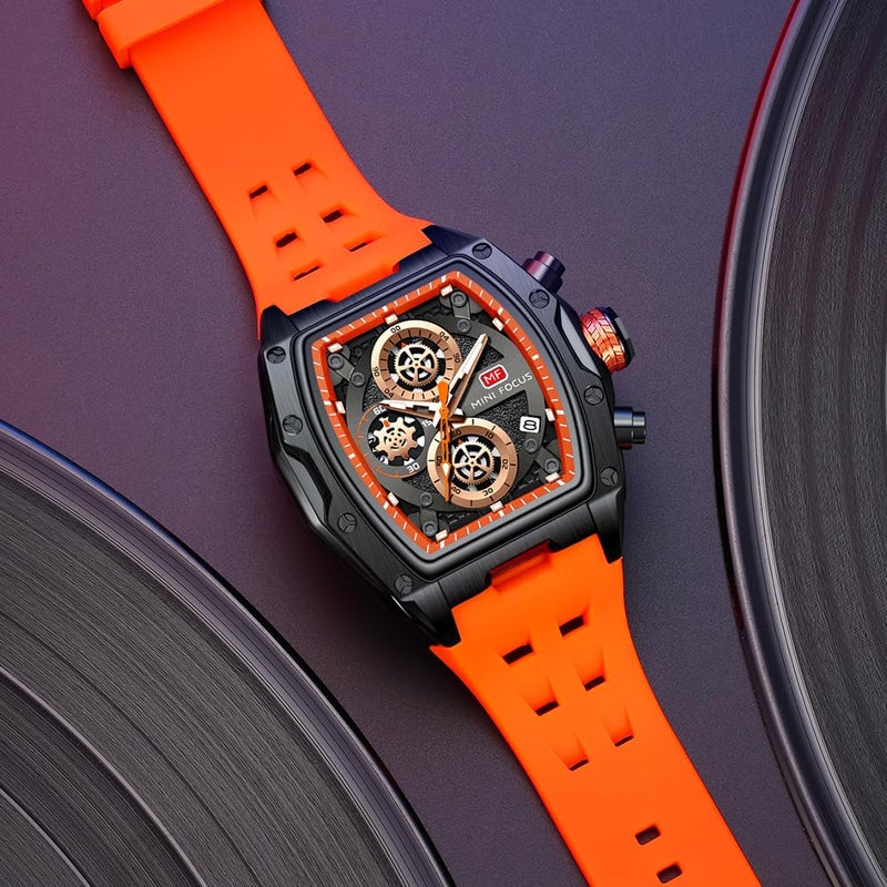 MF MINI FOCUS Men Watches Unique Wrist Watches ChronographWaterproofLuminousCalendar Soft Silicon Band Fashion Watches for MenBlack Orange - Image 3